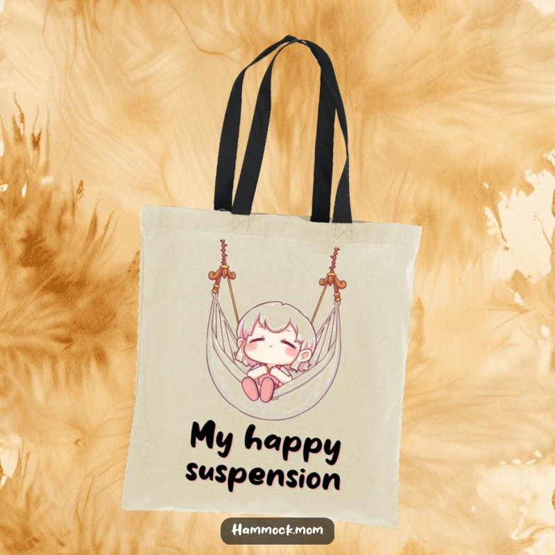 Funny tote bag of a character blissfully swinging in a hammock, perfect for carrying essentials with a humorous, relaxed vibe.