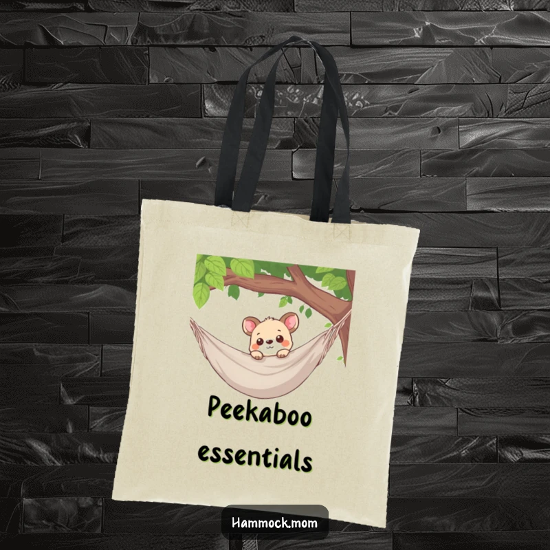 Funny tote bag with a curious animal character peeking over a hammock edge, ideal for carrying items with a playful vibe.