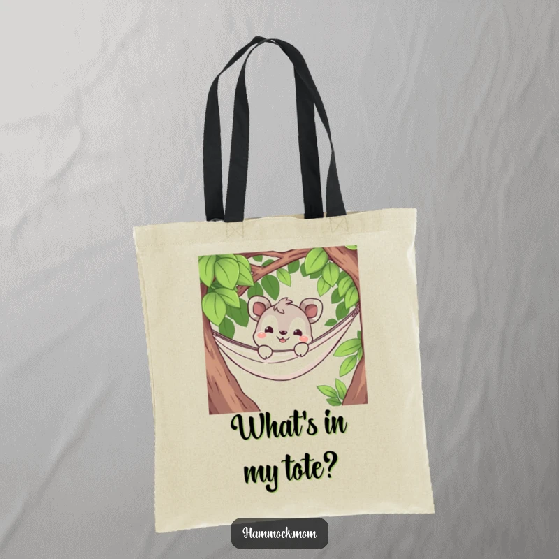 Funny tote bag depicting a curious animal character peeking over a hammock's edge with a grin, perfect for carrying treasures and secrets.