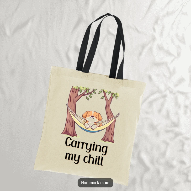 Funny dog tote bag illustrating a dog in perfect repose within a hammock, ideal for carrying items with a humorous flair.