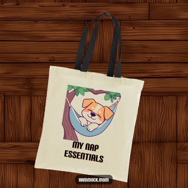 Funny dog hammock tote bag, a dog sleeping peacefully in a hammock, relaxation accessory.