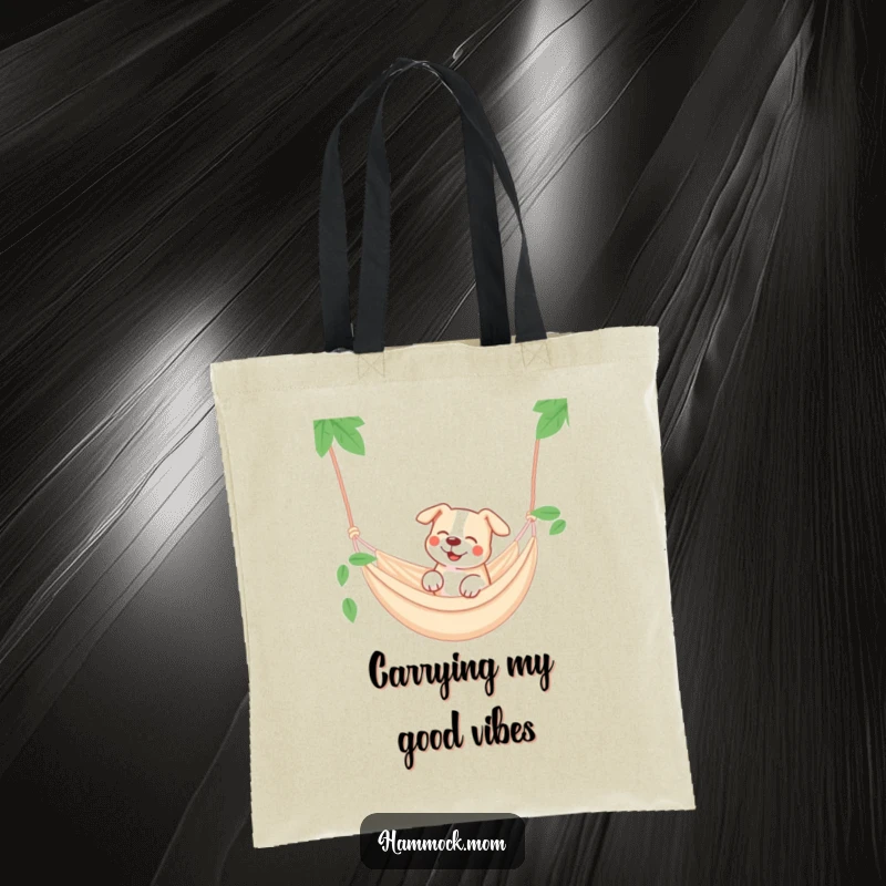 Funny dog hammock tote bag, a canine smiling in a hammock, relaxation accessory.