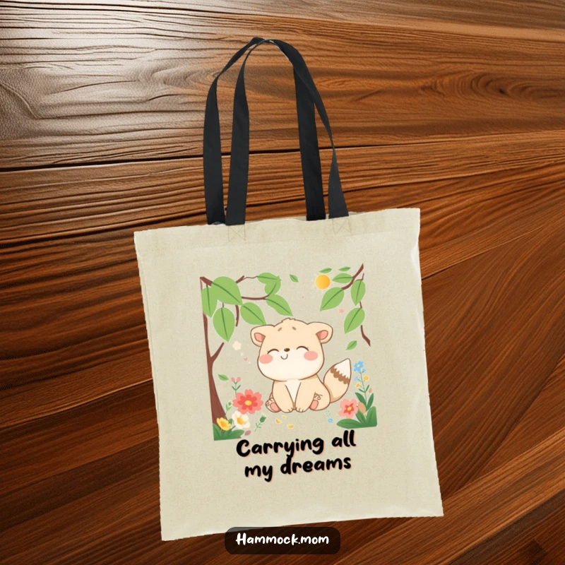 Funny Tote Bag featuring a delighted animal character dreaming contentedly in a natural setting, a practical and humorous accessory.