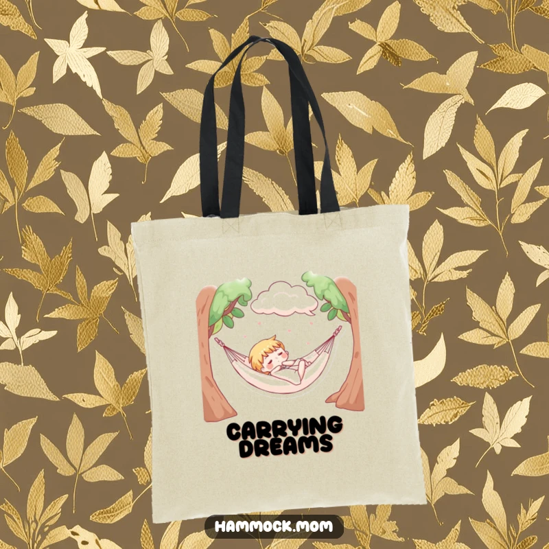 Funny tote bag with a character napping in a hammock under soft, fluffy clouds, ideal for carrying items with a dreamy vibe.