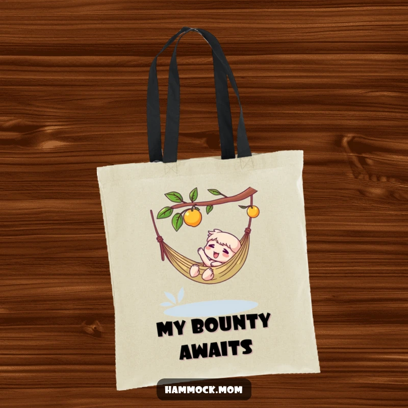 Funny tote bag featuring a character in a hammock, reaching for a dangling fruit, a humorous and practical accessory.