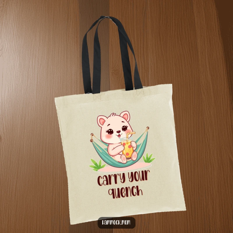 Funny Tote Bag with a mom animal holding a refreshing drink with a straw in a hammock, perfect for errands.
