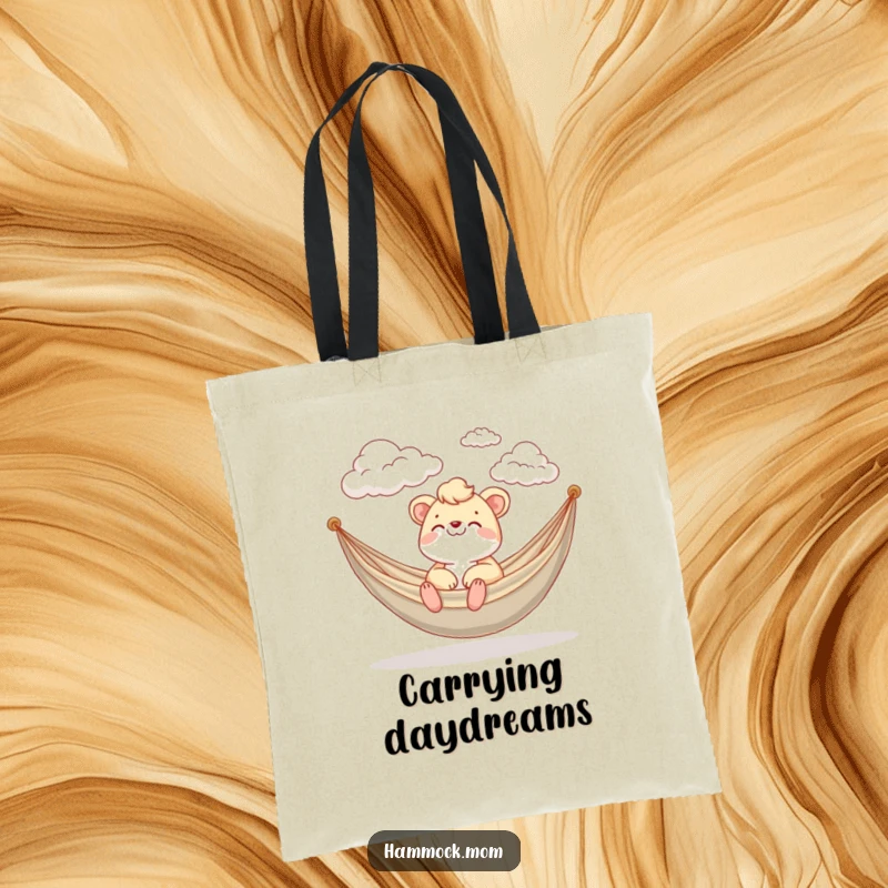 Funny Tote Bag with a mom animal happily watching fluffy clouds drift by in a hammock, perfect for errands.