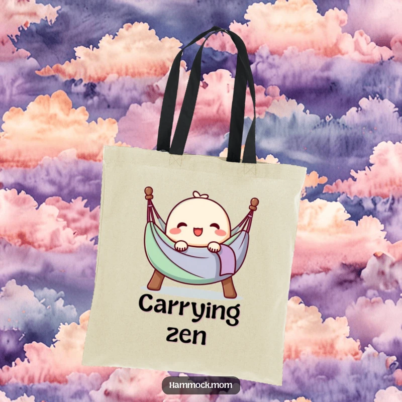 Funny tote bag with a kawaii hammock character sighing happily, fully at ease, perfect for carrying your daily joys.