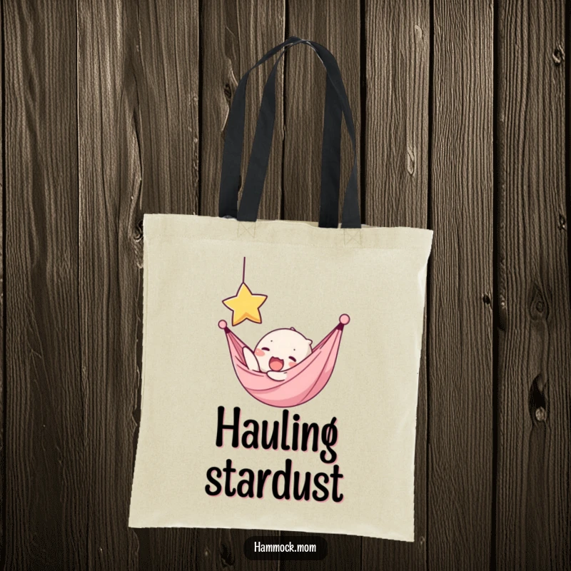 Funny tote bag with a kawaii hammock character yawning, reaching for a star, ideal for carrying dreams and daily items.