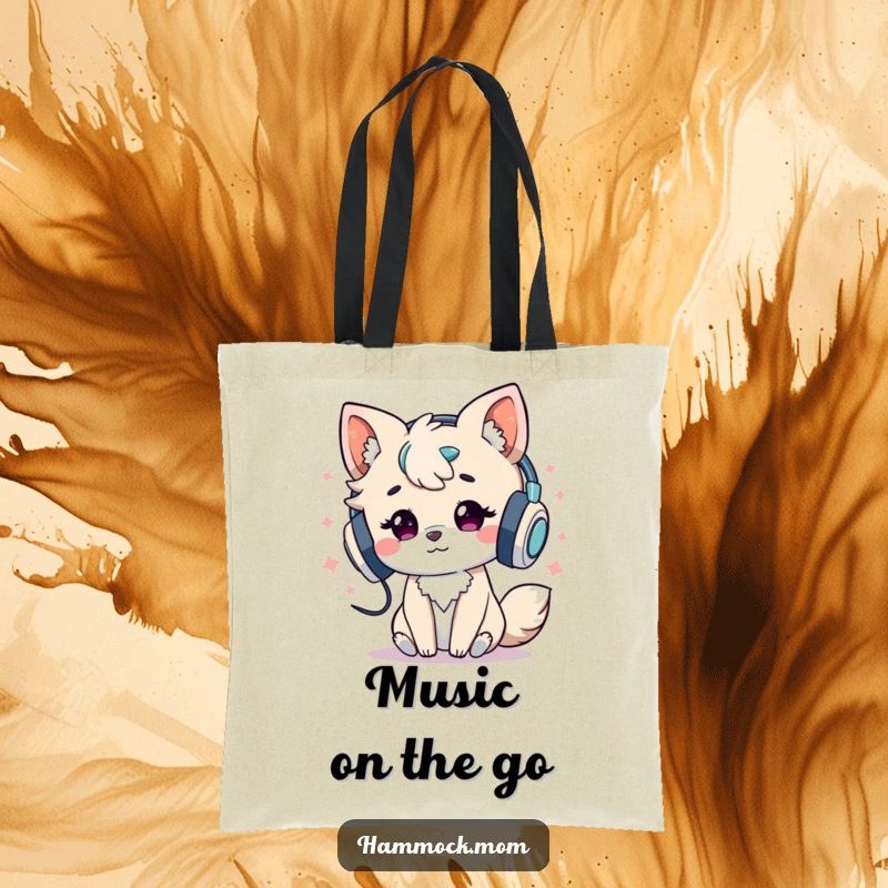 Funny Tote Bag: Lively animal character wearing headphones and enjoying music, a stylish accessory for any music lover.