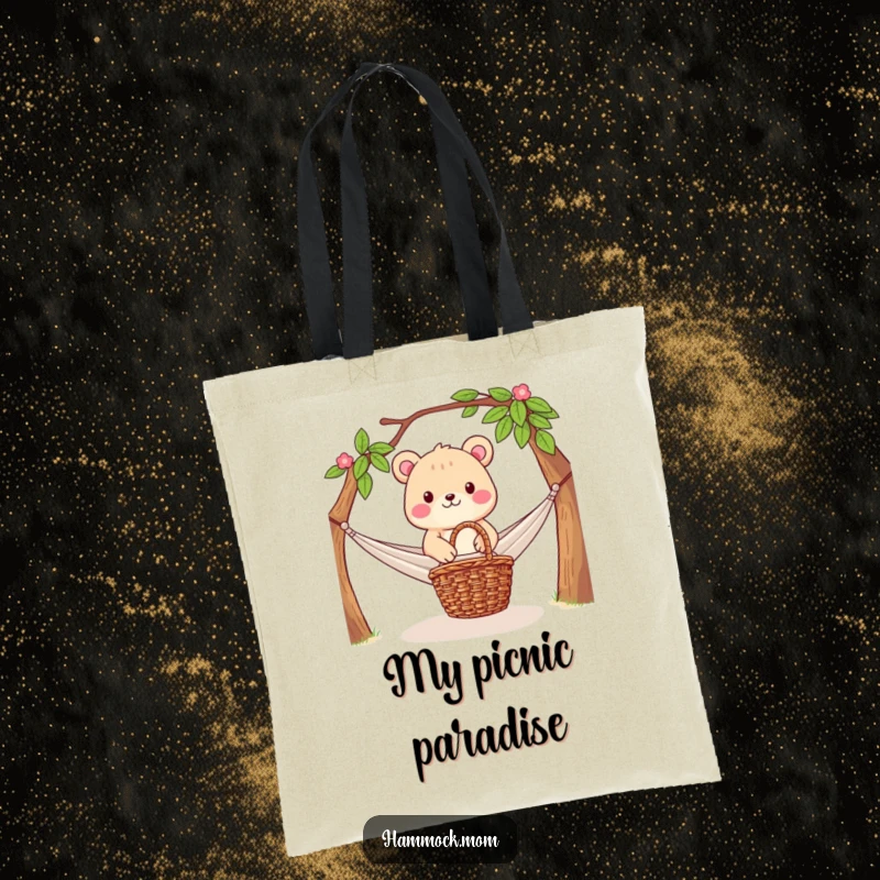 Funny Tote Bag: Animal character enjoying a hammock with a picnic basket at the ready, showcasing a perfect setup for outdoor leisure.