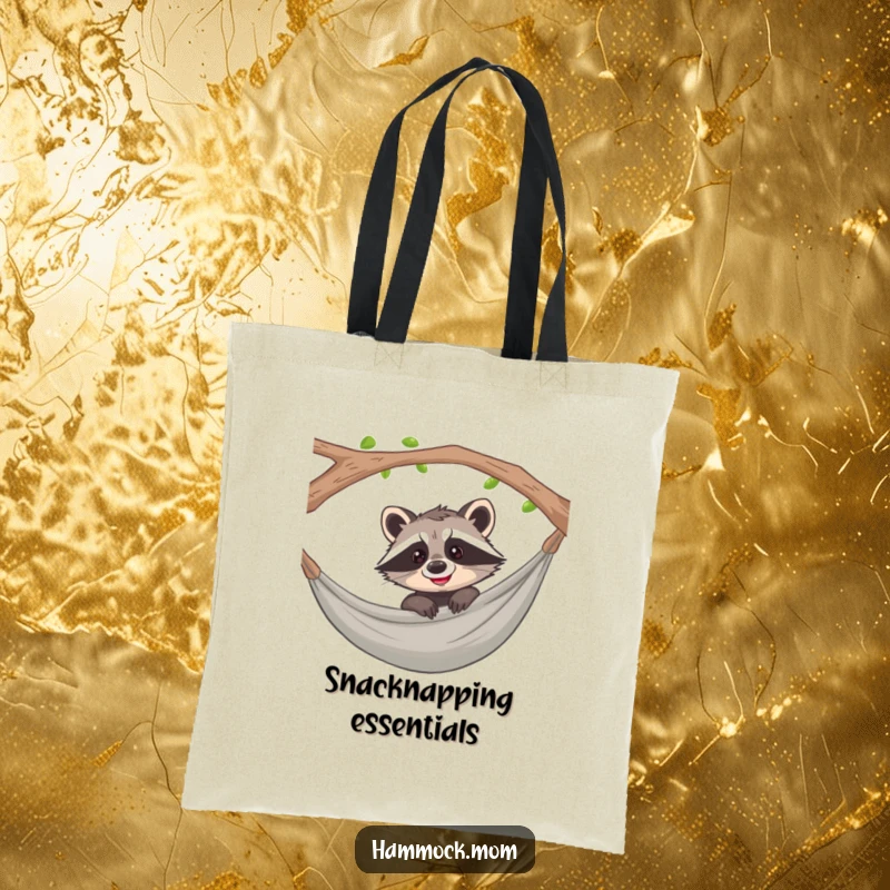 Funny raccoon peeking over a hammock with a curious grin on a durable tote bag, ideal for shopping.
