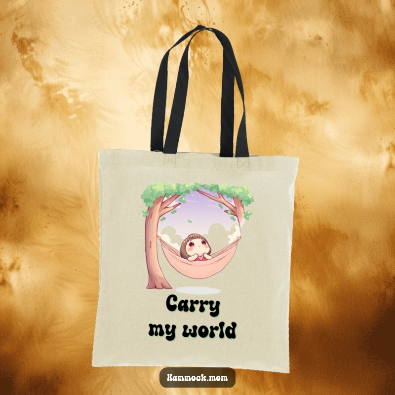 Funny tote bag featuring a character looking up at the sky from a cozy hammock, a humorous and practical accessory.