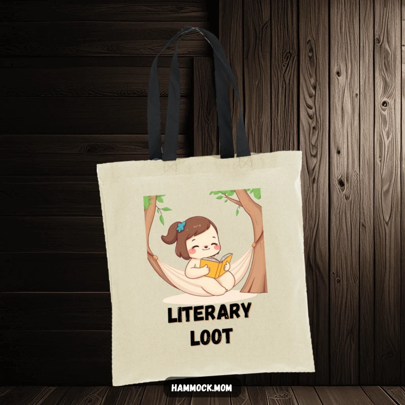 Funny Tote Bag with a mom animal reading a book in a hammock, perfect for carrying literary finds.