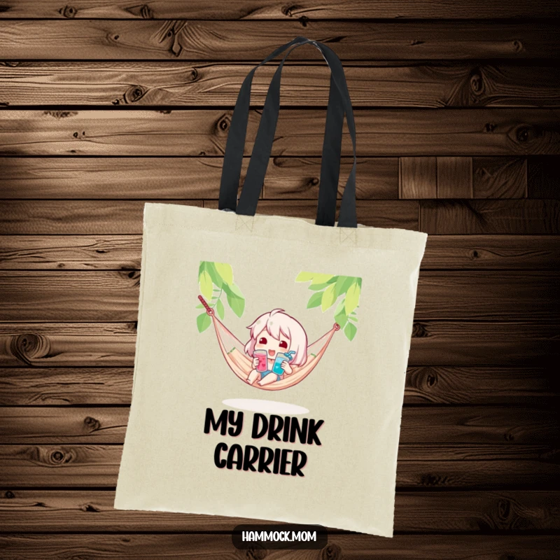 Funny tote bag with a character holding a cool drink in a hammock, perfect for carrying essentials with a humorous, relaxed vibe.