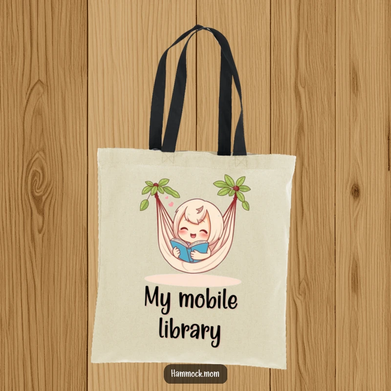 Funny tote bag with a delighted hammock character reading a book and sighing contentedly, symbolizing a love for books and relaxation.