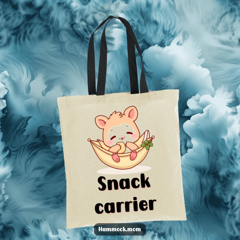 Funny Hammock Mom Animal Tote Bag: A charming cartoon mom animal relaxing in a hammock with snacks, a funny and functional gift.