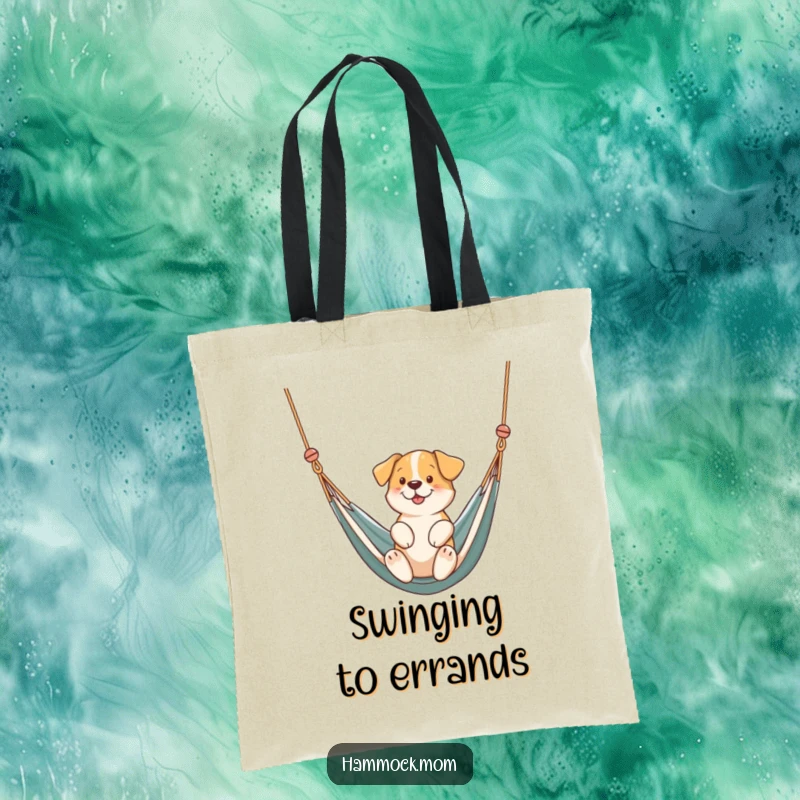 Funny dog gently swinging in a hammock printed on a tote bag, symbolizing peace and humor, an excellent funny gift.